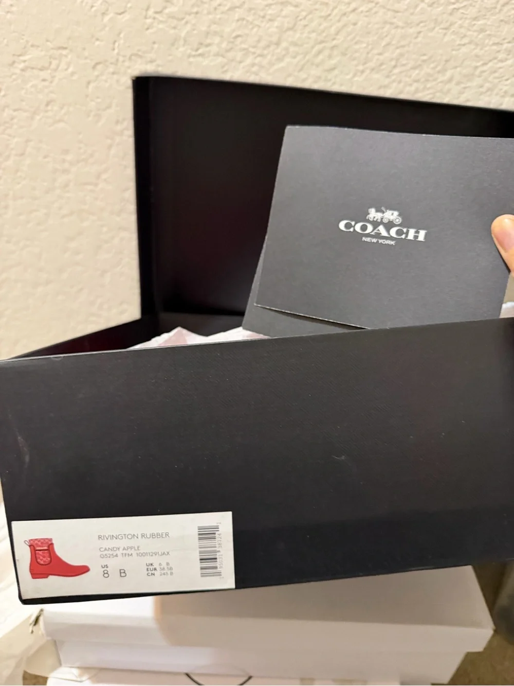 COACH Bright Red Gloss Chelsea Rain Boots with Signature Knit
